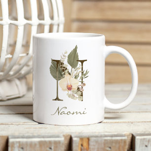 Initial A Boho Floral Orchid Greenery Custom Name Coffee Mug