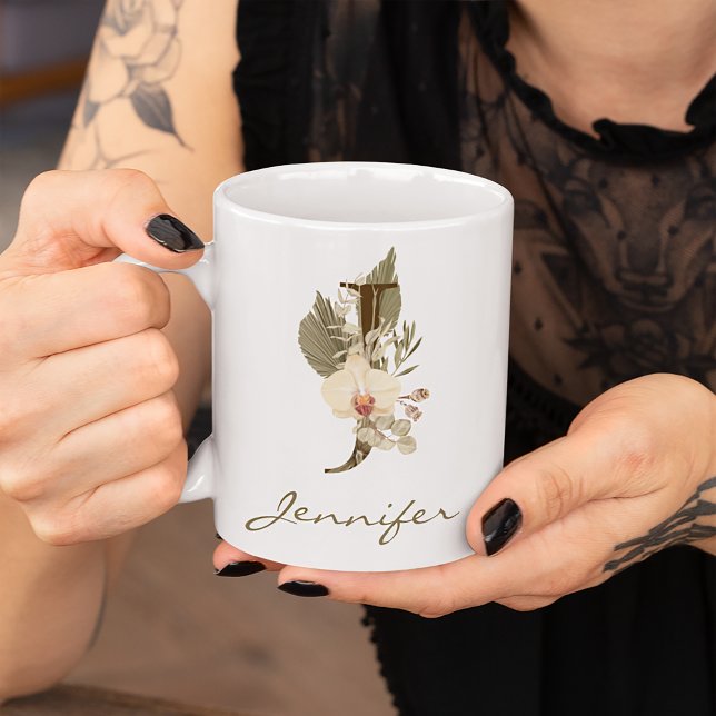 Initial A Boho Floral Orchid Greenery Custom Name Coffee Mug (Creator Uploaded)