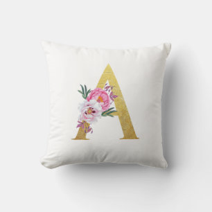 Initial A Floral Luxury Elegant Gold Pink Flower Cushion