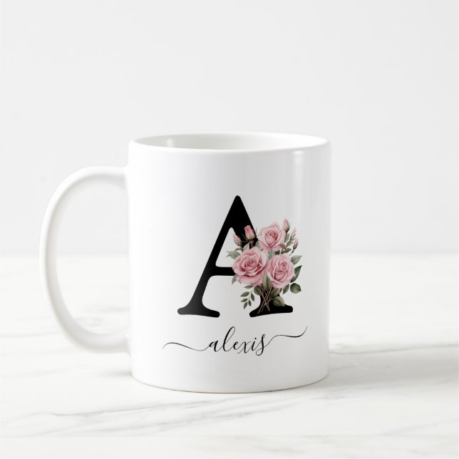 Initial A Pink Roses Floral Flowers Monogram Name Coffee Mug (Left)