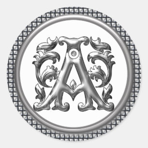 Initial A Round Sticker in Silver