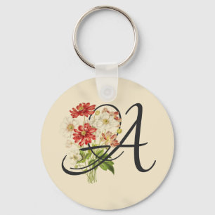 Initial A, Vintage Anemones Keychain