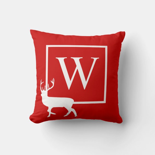 Initial and Buck Red Christmas Cabin  Cushion (Front)