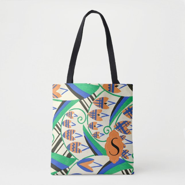 Initial Art Deco Blue Green Orange Grey Tote Bag (Front)