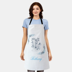 Initial "B" Blue Monogram Calm Floral Apron