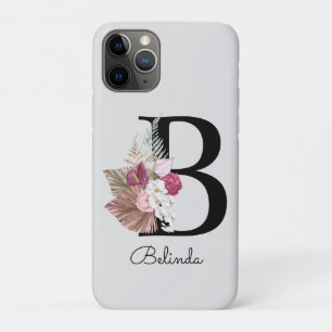 Initial B Modern Pink Boho Girly Floral iPhone 11 Pro Case