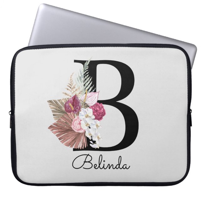 Initial B Modern Pink Boho Girly Floral Laptop Sleeve (Front)
