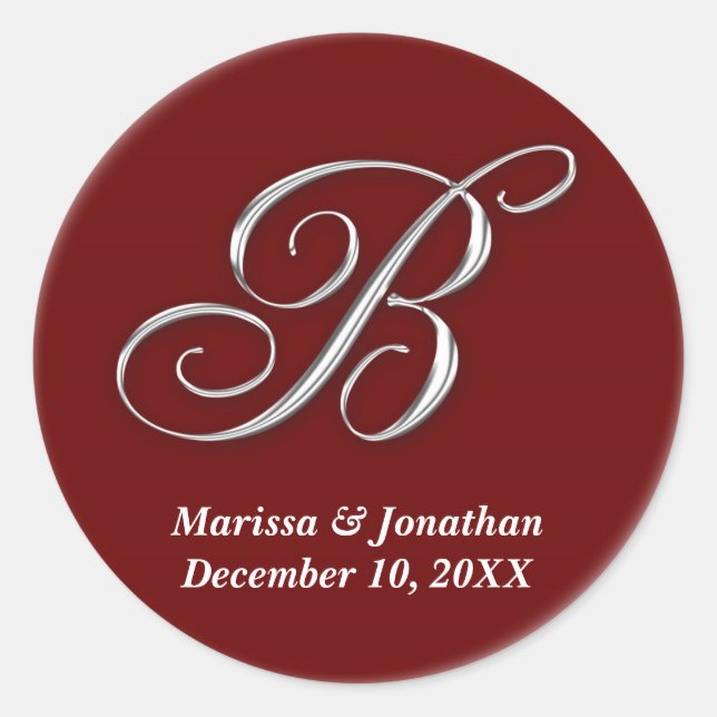 Initial B wine red monogram custom name favour sea Classic Round Sticker (Front)