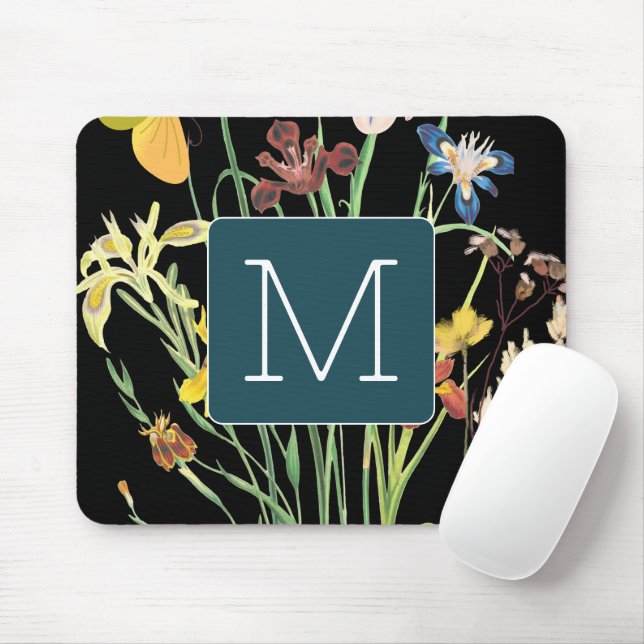 Initial black background l cute turquoise border mouse mat (With Mouse)