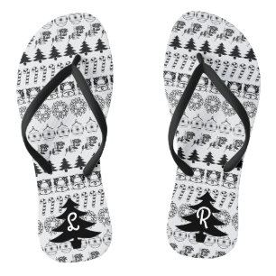 Initial - Black/White Christmas Fun Font Pattern Flip Flops