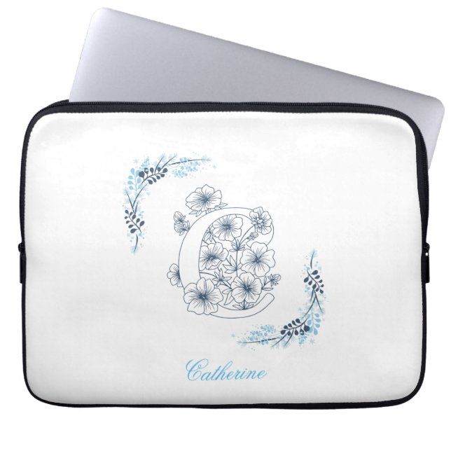 Initial "C" Blue Monogram Calm Floral Laptop Sleeve (Front)