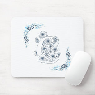 Initial "C" Blue Monogram Calm Floral Mouse Mat