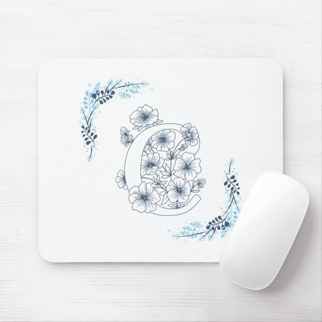Initial "C" Blue Monogram Calm Floral Mouse Mat (With Mouse)