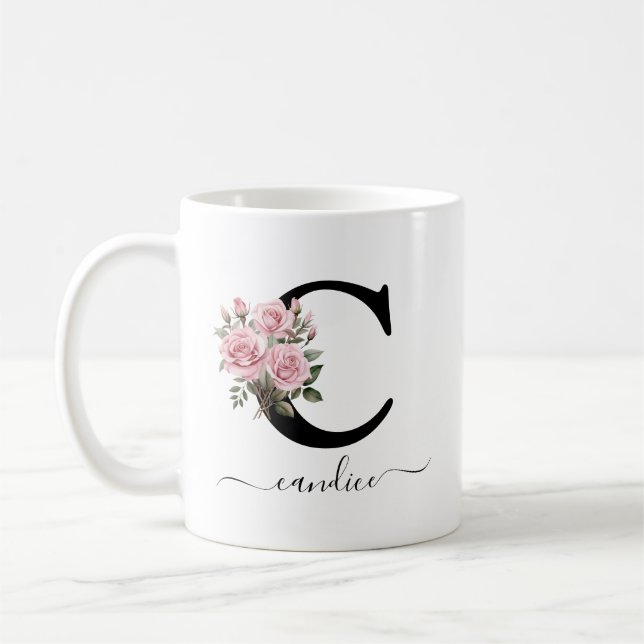 Initial C Pink Roses Floral Flowers Monogram Name Coffee Mug (Left)