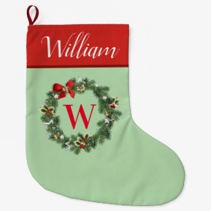Initial Christmas Wreath Monogram Large Christmas Stocking