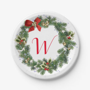 Initial Christmas Wreath Party Paper Plate