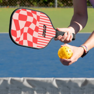 Initial cute pink and red trendy chequered Stripes Pickleball Paddle