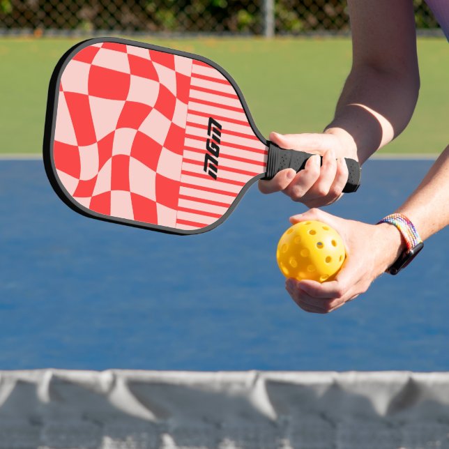 Initial cute pink and red trendy chequered Stripes Pickleball Paddle (Insitu)