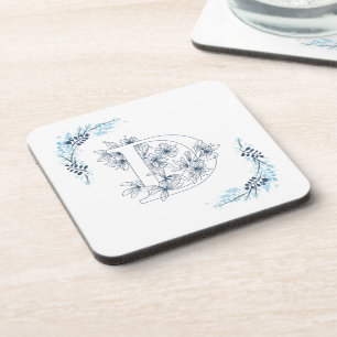 Initial "D" Blue Monogram Calm Floral Coaster