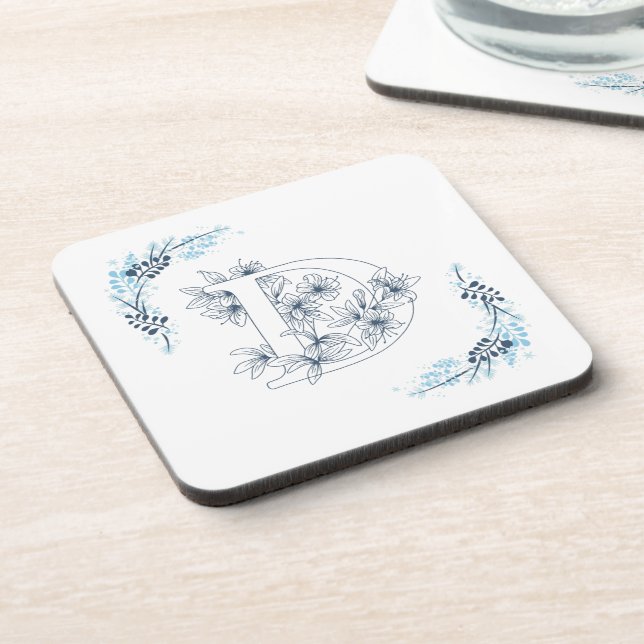 Initial "D" Blue Monogram Calm Floral Coaster (Left Side)