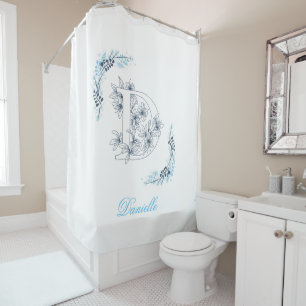 Initial "D" Blue Monogram Calm Floral Shower Curtain