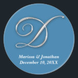 Initial D blue monogram custom name favour seal<br><div class="desc">These versatile sticker seals are great for letters and packages. Script monogram letter is set in faux silver foil texture. Use these rich jewel tone seals to personalise any cards and envelopes. Dress up holiday packages, wedding favours, bridal shower gift bags, or baby shower favours. Apply them on gift bags,...</div>