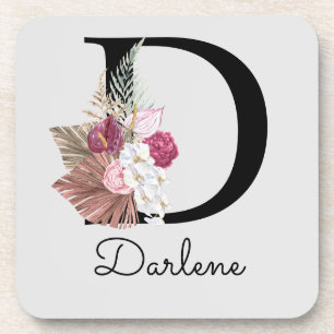 Initial D Modern Pink Boho Girly Floral Coaster