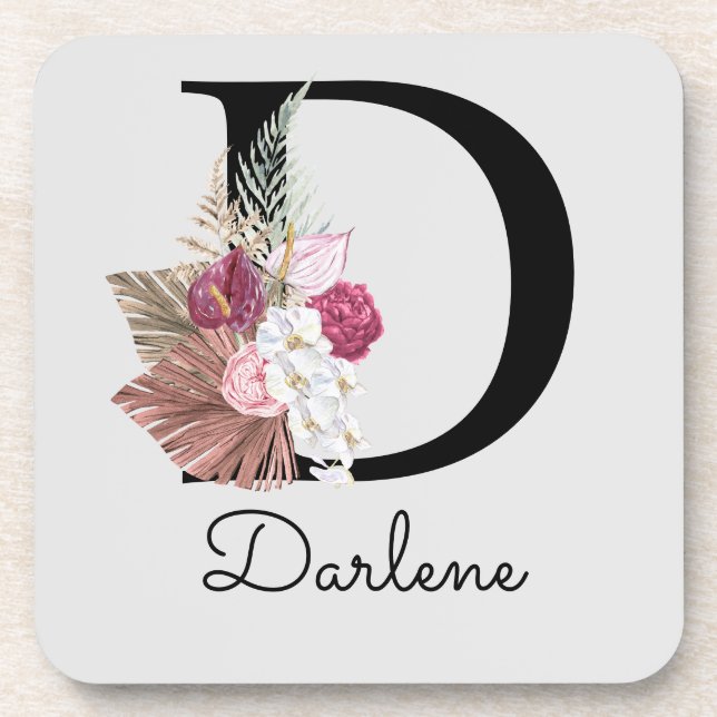 Initial D Modern Pink Boho Girly Floral Coaster (Front)
