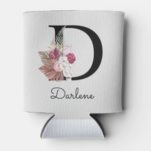 Initial D Monogrammed Pink Boho Floral Can Cooler