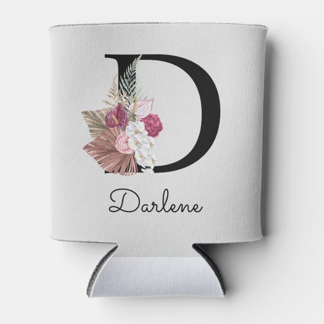 Initial D Monogrammed Pink Boho Floral Can Cooler (Front)