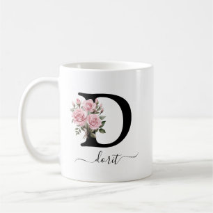 Initial D Pink Roses Floral Flowers Monogram Name Coffee Mug