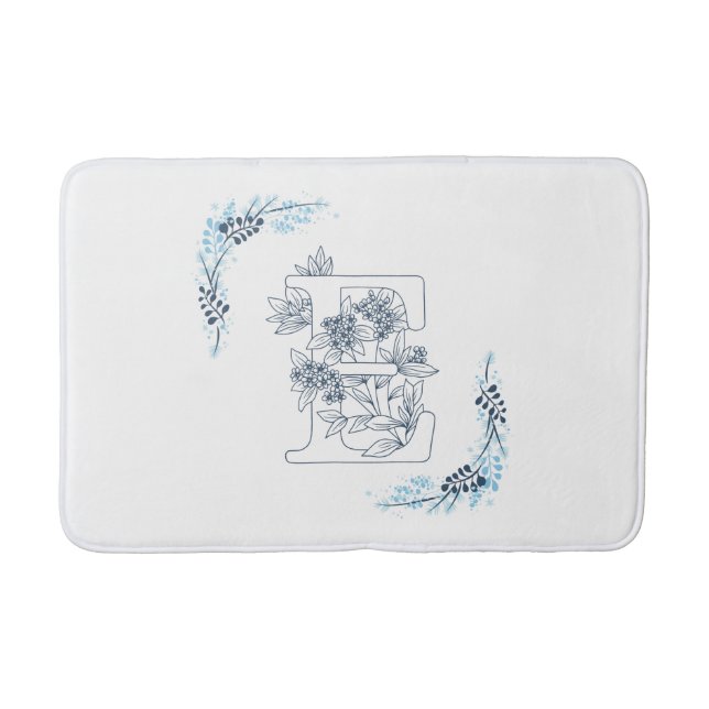 Initial "E" Blue Monogram Calm Floral Bath Mat (Front)