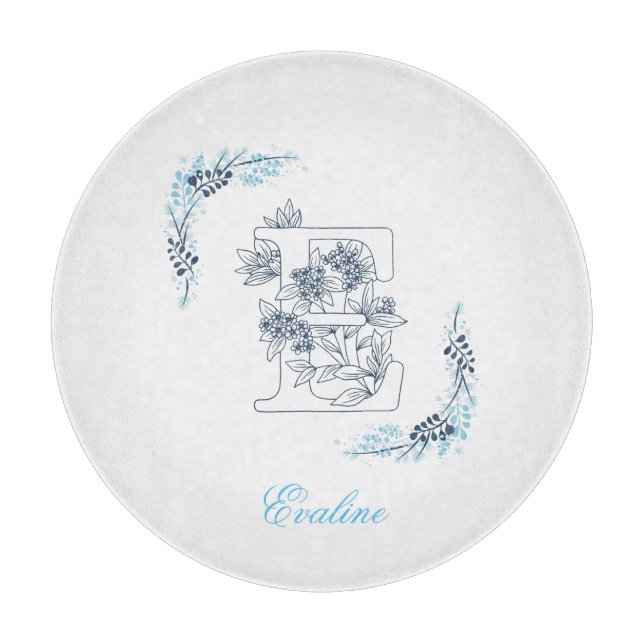 Initial "E" Blue Monogram Calm Floral Cutting Board (Front)