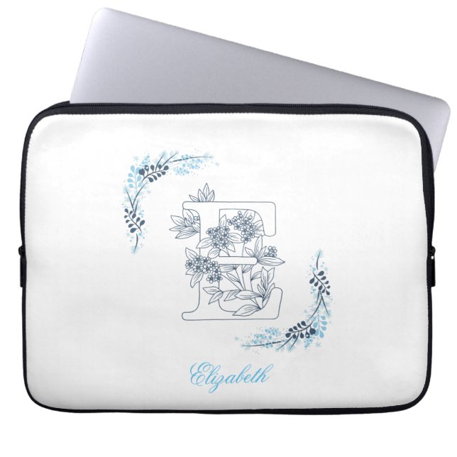 Initial "E" Blue Monogram Calm Floral Laptop Sleeve (Front)