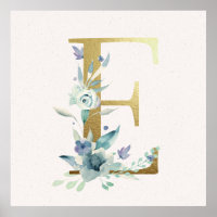 Initial E Golden and Blue Floral Monogram Poster