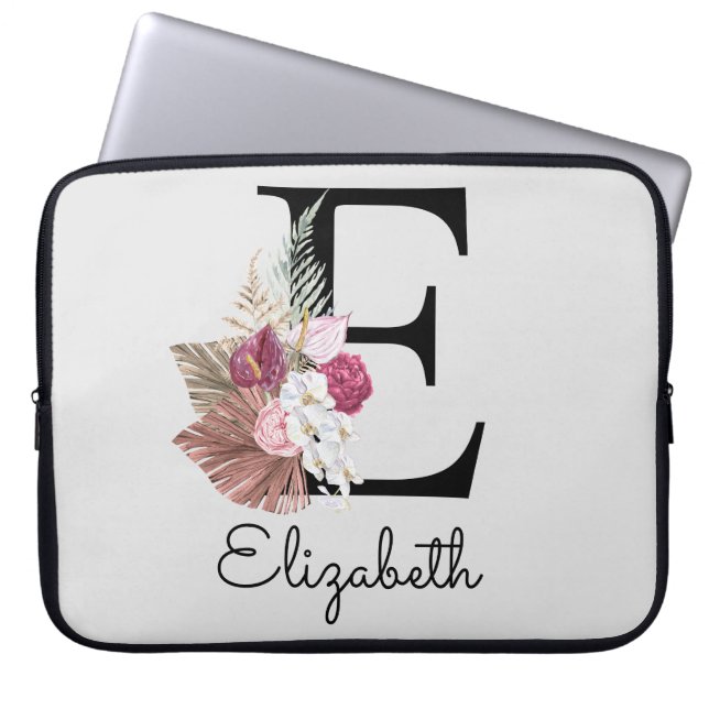 Initial E Modern Pink Boho Girly Floral Laptop Sleeve (Front)