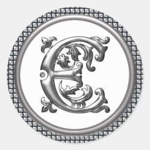 Initial E Round Sticker in Silver