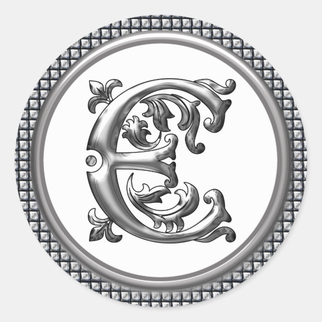 Initial E Round Sticker in Silver (Front)