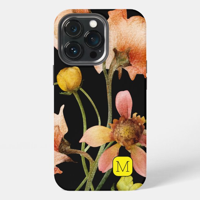 initial elegant feminine design Flowers black iPhone Case (Back)