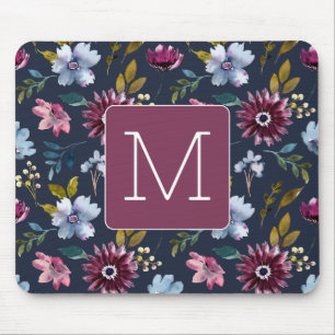 Initial Elegant navy and burgundy Floral feminine Mouse Mat
