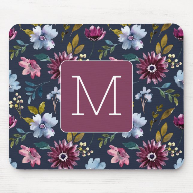 Initial Elegant navy and burgundy Floral feminine Mouse Mat (Front)
