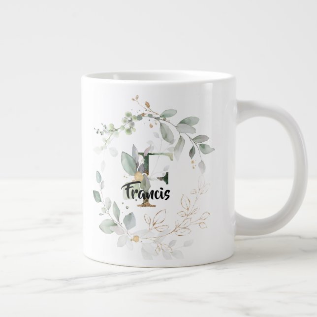 Initial 'F' Alphabet Monogram Green & Gold Leaves Large Coffee Mug (Right)