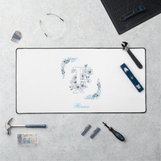 Initial "F" Blue Monogram Calm Floral Desk Mat