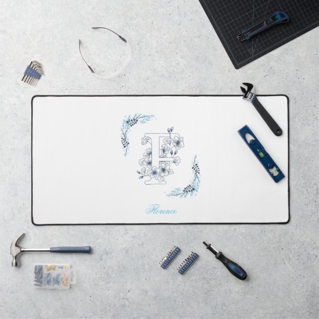 Initial "F" Blue Monogram Calm Floral Desk Mat (Workstation)