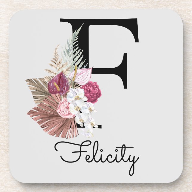 Initial F Modern Pink Boho Girly Floral Coaster (Front)