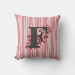 Initial F Monogram Cabbage Roses and Stripes Cushion