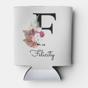 Initial F Monogram Pink Floral Can Cooler