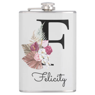 Initial F Monogrammed Pink Boho Floral Hip Flask