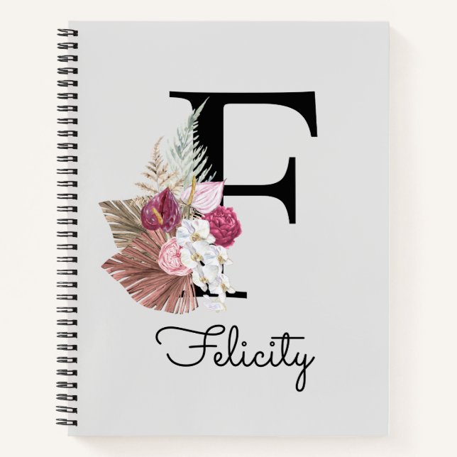 Initial F Monogrammed Pink Boho Floral Notebook (Front)