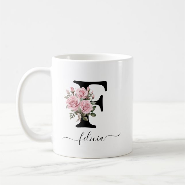 Initial F Pink Roses Floral Flowers Monogram Name Coffee Mug (Left)